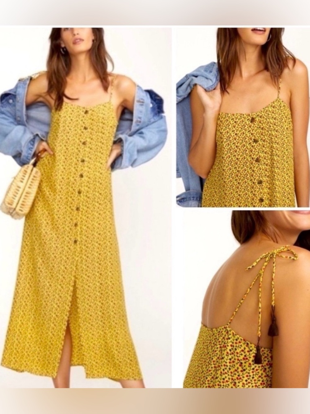 Faithfull The Brand Arrieta Floral Print Midi Dress Yellow Tie Strap Tassel 10